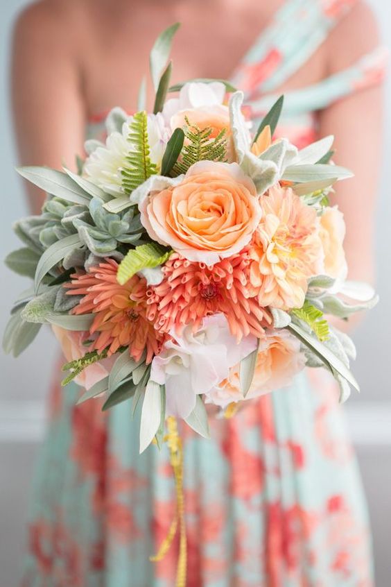aqua peach wedding bouquet