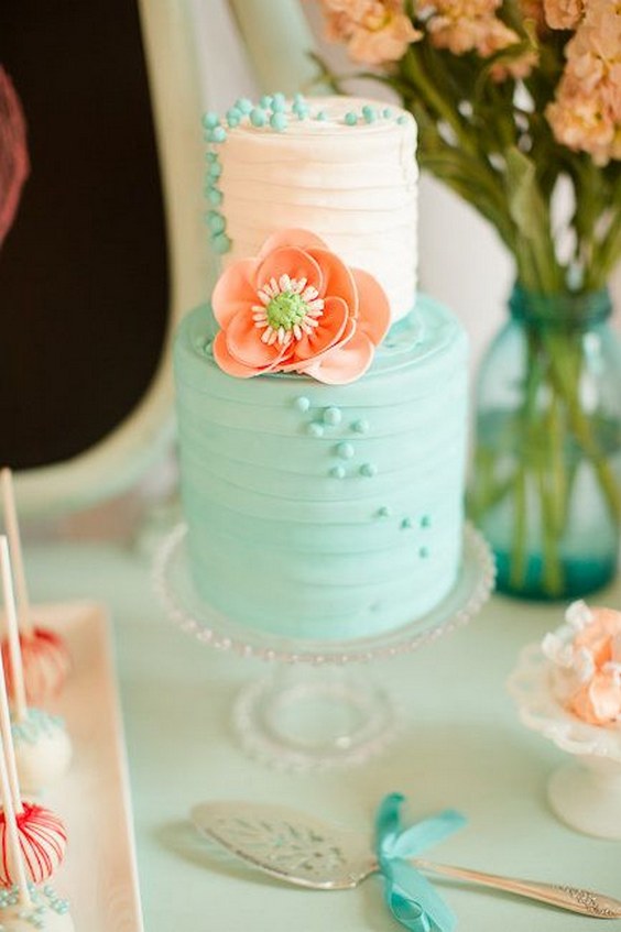 peach and teal wedding cake