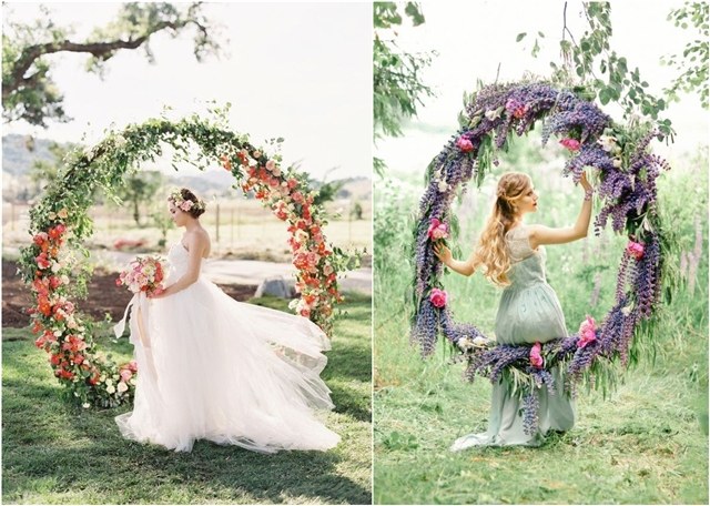 coral and purple wedding wreath backdrop