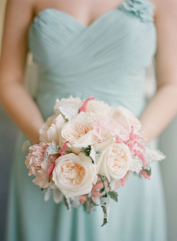 mint bridesmaid dress and peach bouquet