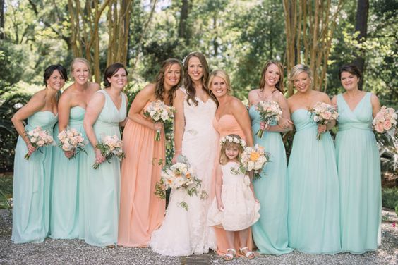 mint green and peach bridesmaid dresses