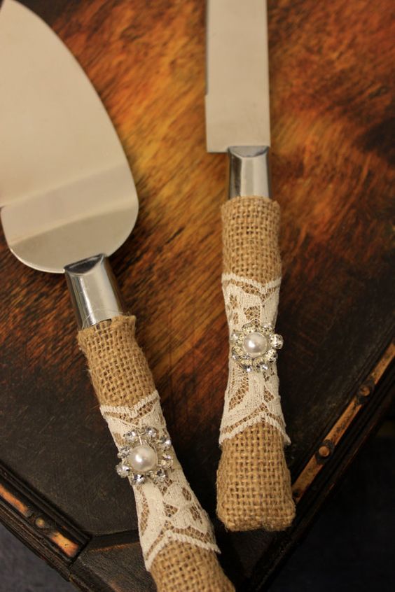 Burlap and Lace Wedding Cake Server and Knife