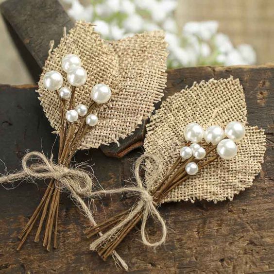 Rustic Burlap Leaf and Pearl Berry Boutonnieres