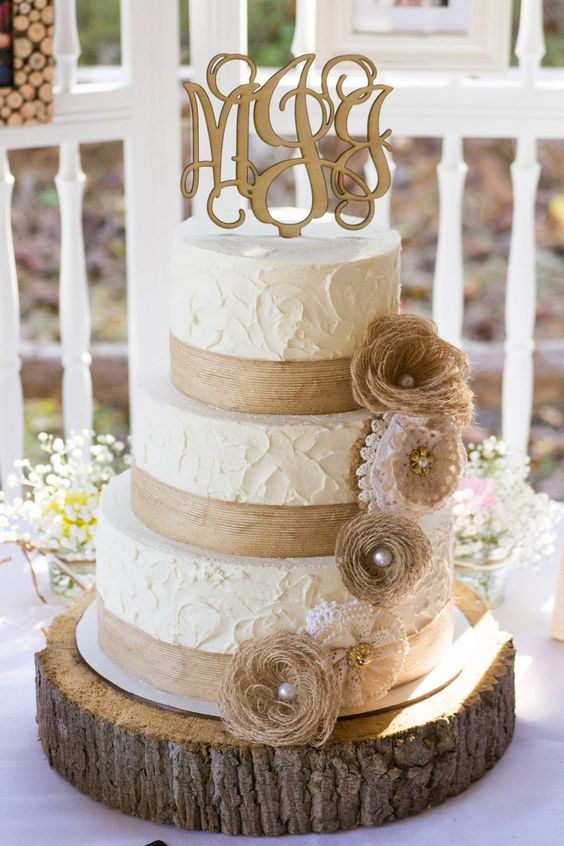 Rustic Burlap and Lace Wedding Cake