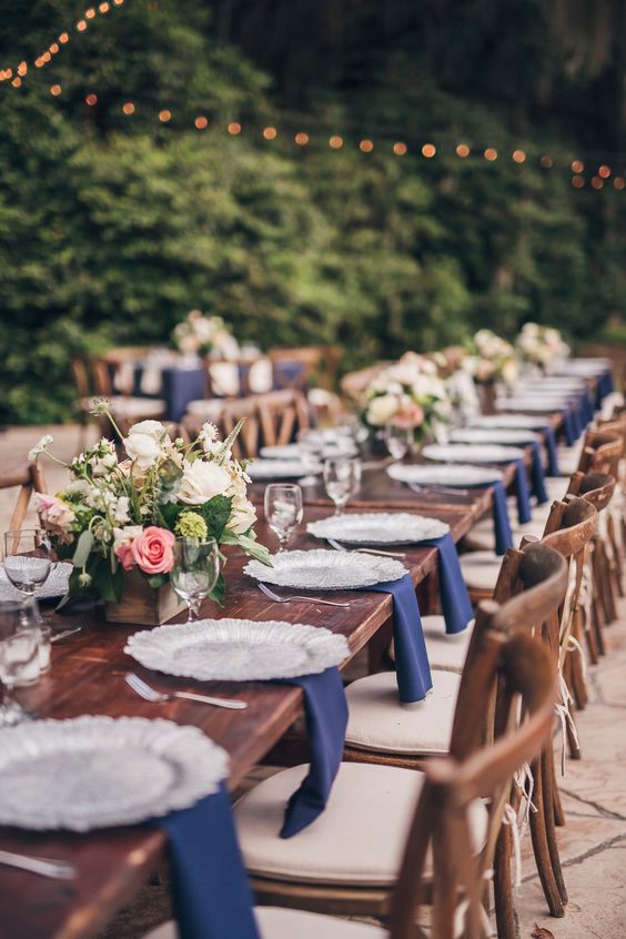 rustic romantic navy and blush place settings