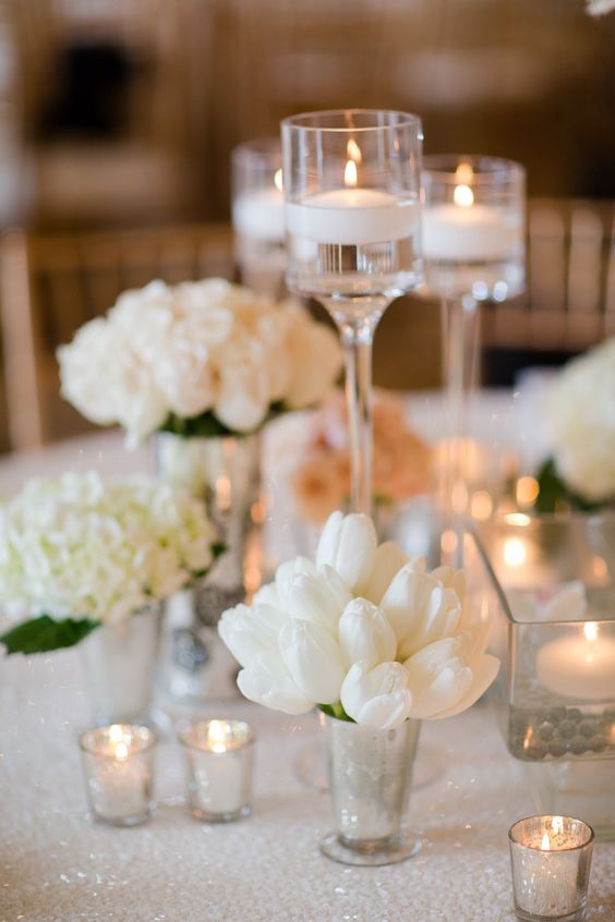 all white tulip hydrangea wedding centerpiece