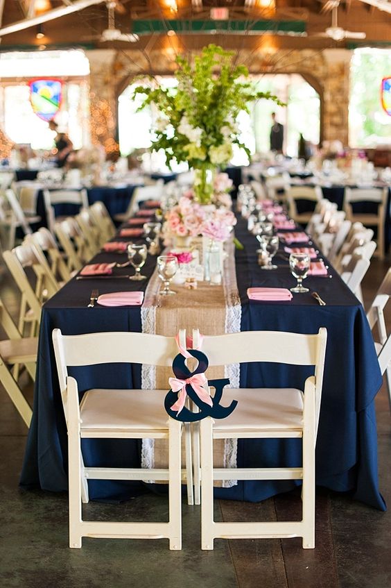 blush pink and navy wedding reception decor