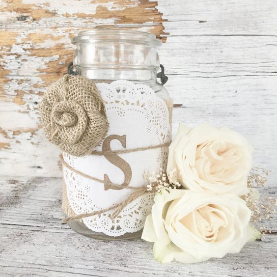burlap jar wraps wedding centerpiece