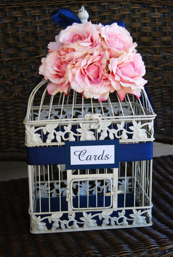 navy and pink birdcage wedding card
