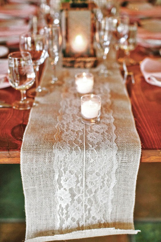rustic burlap and lace table runner via becca borge photography