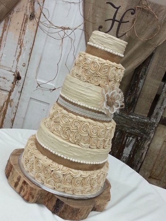 rustic country burlap and lace wedding cake