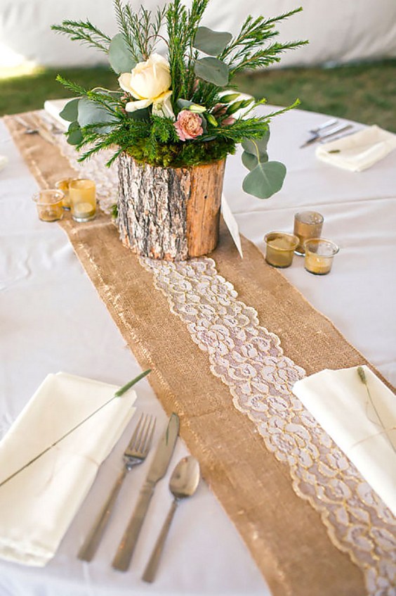 rustic lace and burlap wedding table runner via kacie quesenberry