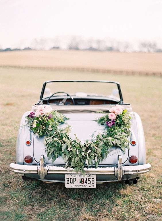 vintage coral wedding getaway car decor