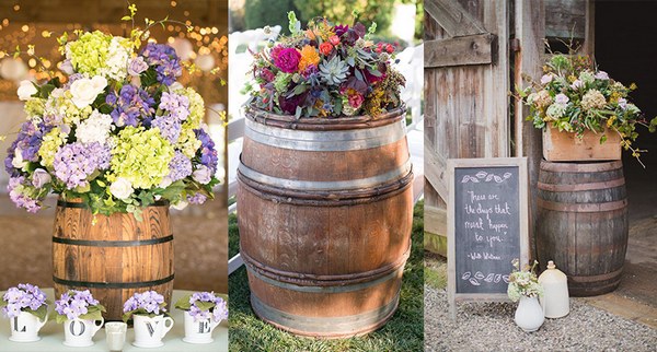 rustic outdoor wine barrel and peach flowers wedding alter