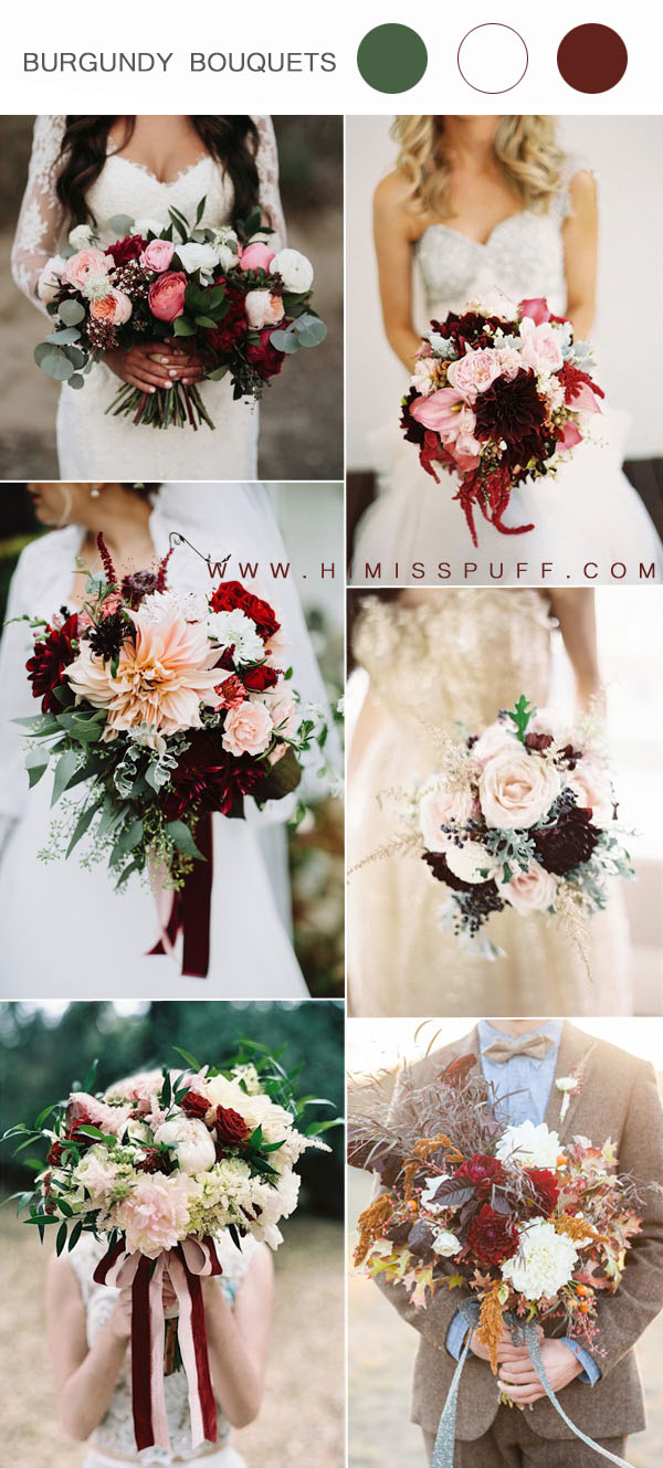 burgundy white and pink wedding bouquets ideas