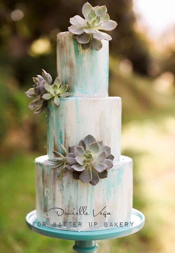 Blue Gray Watercolor Cake with Fresh Succulents by A Piece of Cake