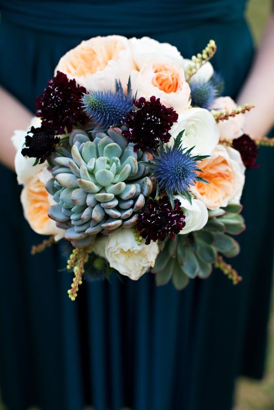 Succulent English Roses and Thistle bouquet
