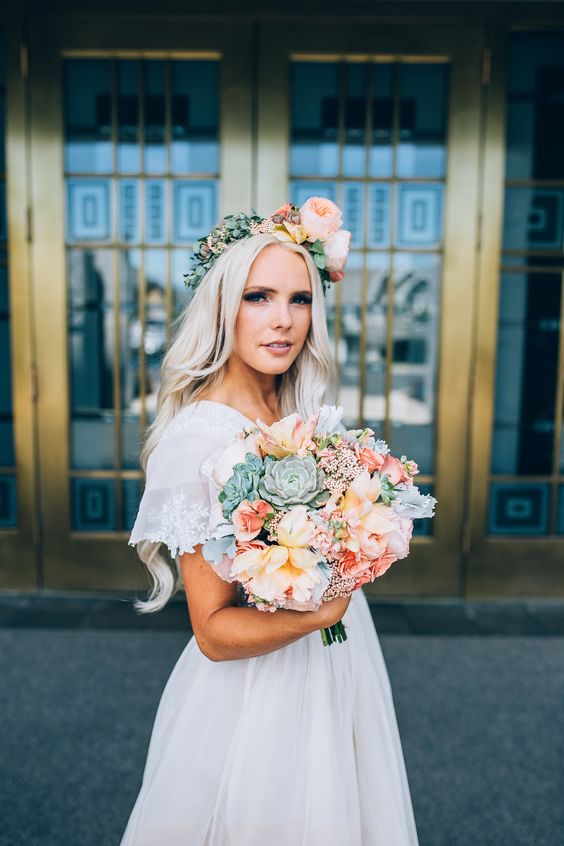 Succulent and Rose Bouquet and floral crown Utah Wedding