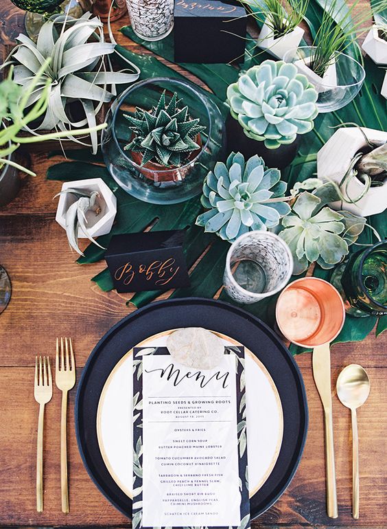 apps & copper & matte black succulent wedding table decor