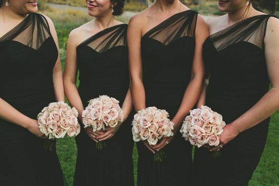 vinatge blush pink and black bridesmaid dresses