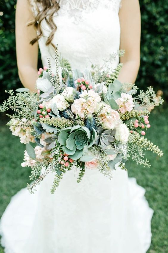 large green, peach and blue wedding bouquet with succulents