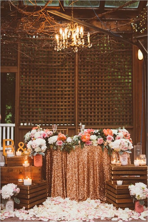 Blush and Gold wedding – Blush & gold sweetheart table – sequins & peonies
