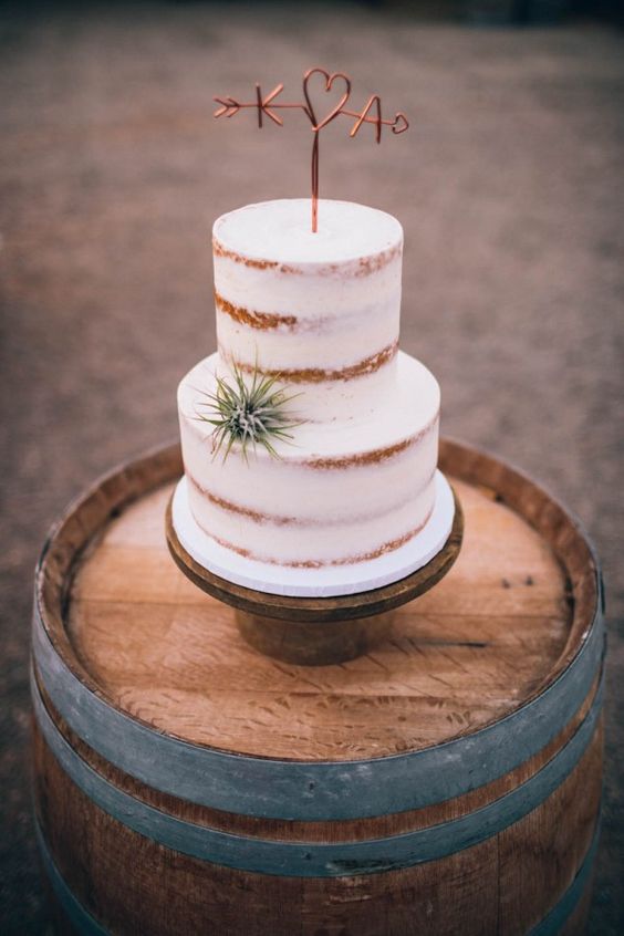 Nearly naked wedding cake with copper cake topper and air plant via Clarkie Photography