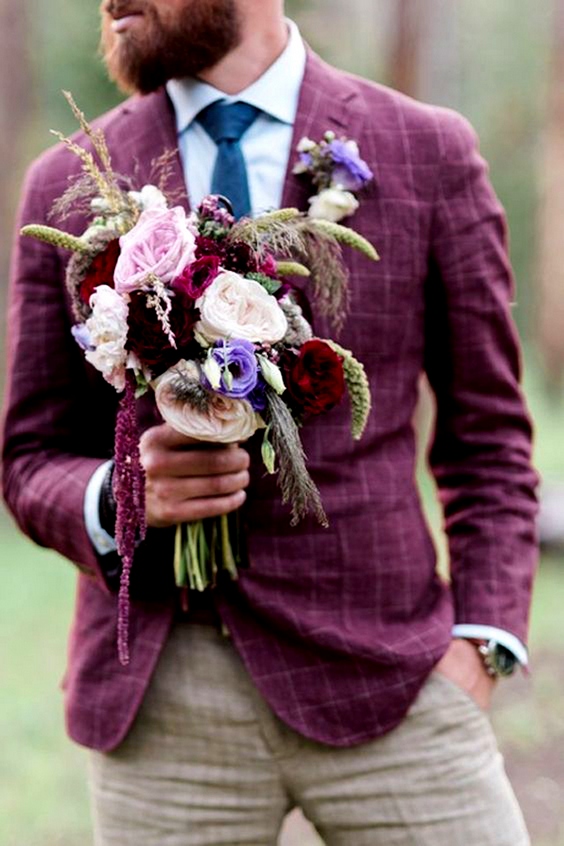 Purple and Burgundy Groom Suits