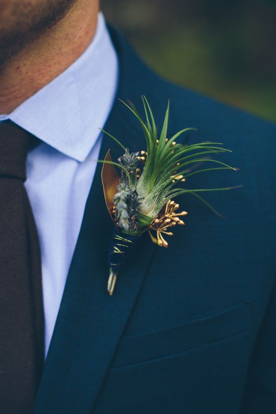 Textured Green and Gold Boutonniere via Ely Brothers Photography