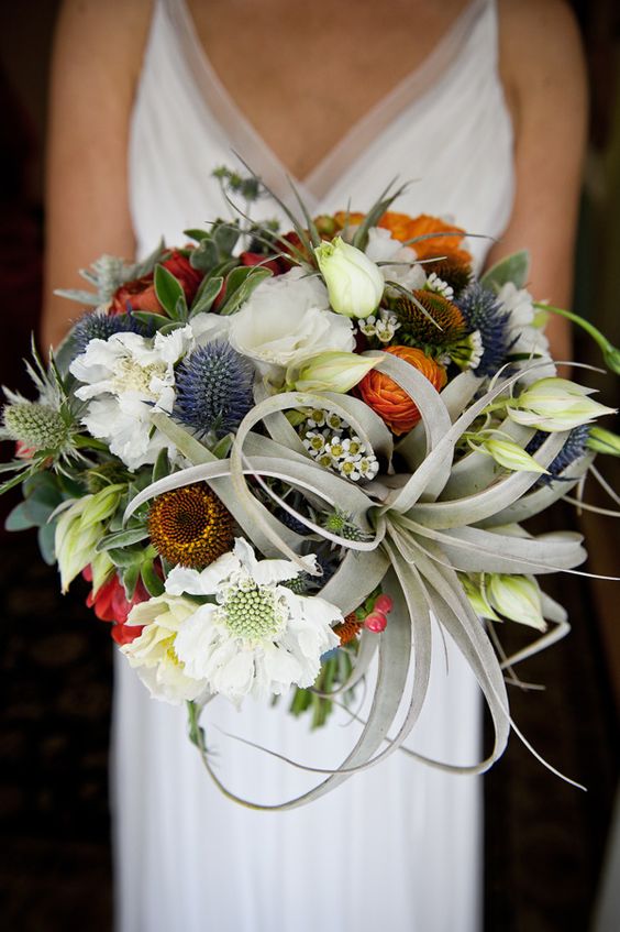 Thistle, gray airplants, Lisianthus, Echinacea bouquet