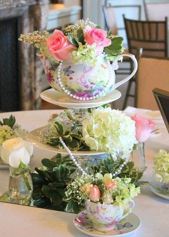 floral centerpiece at this Romantic Tea Party themed Bridal Shower