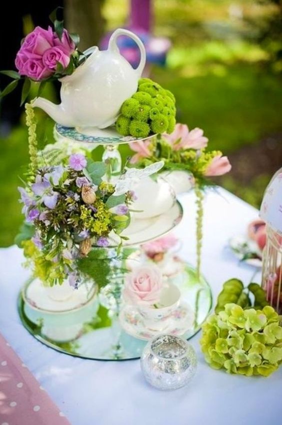 green and lavender tea party centerpiece