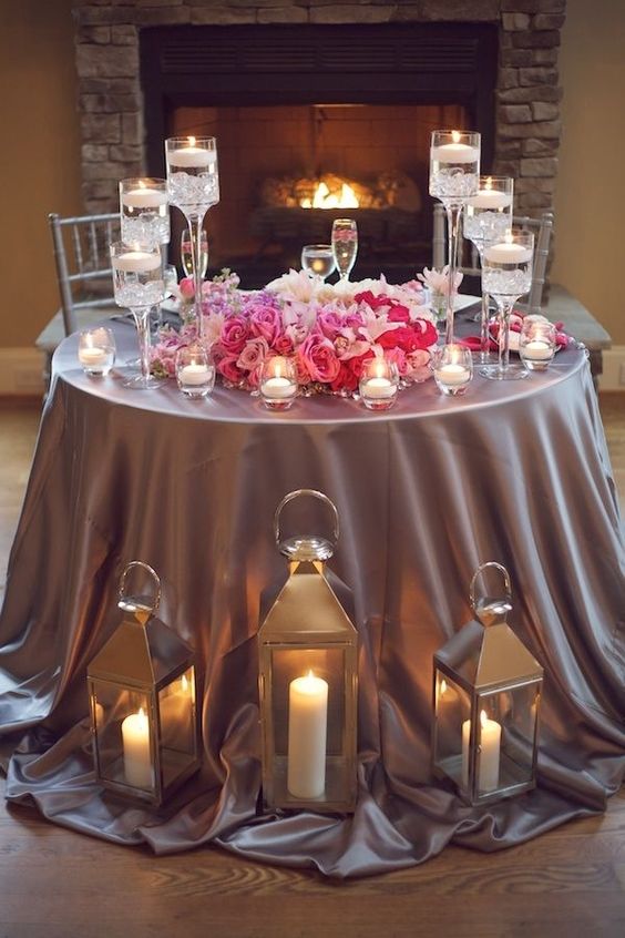 pink and grey weddding candlelit tablescape