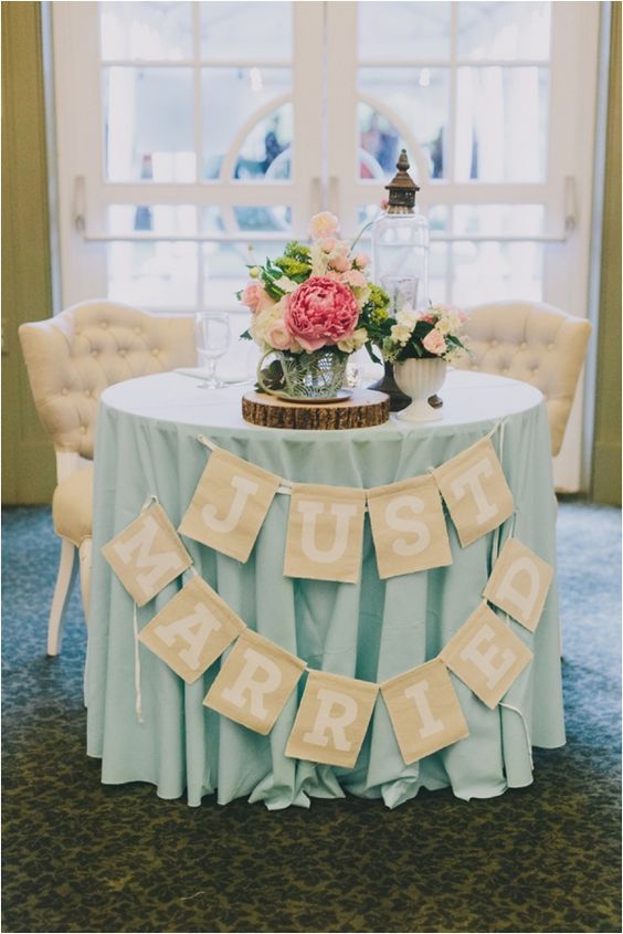 rustic mint and burlap wedding sweetheart table