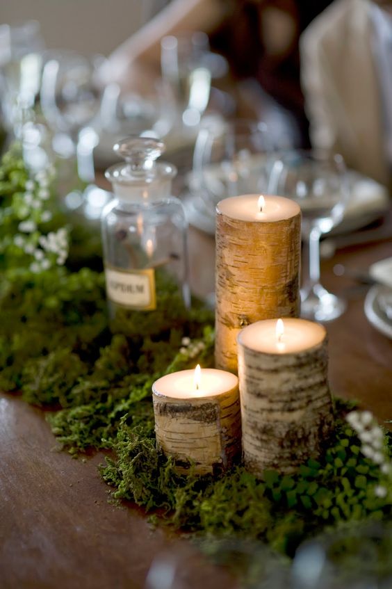 Birch bark candles and moss center piece table runner