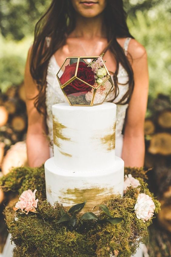 Earthy naked cake with romantic rose topper via Xandra Photography