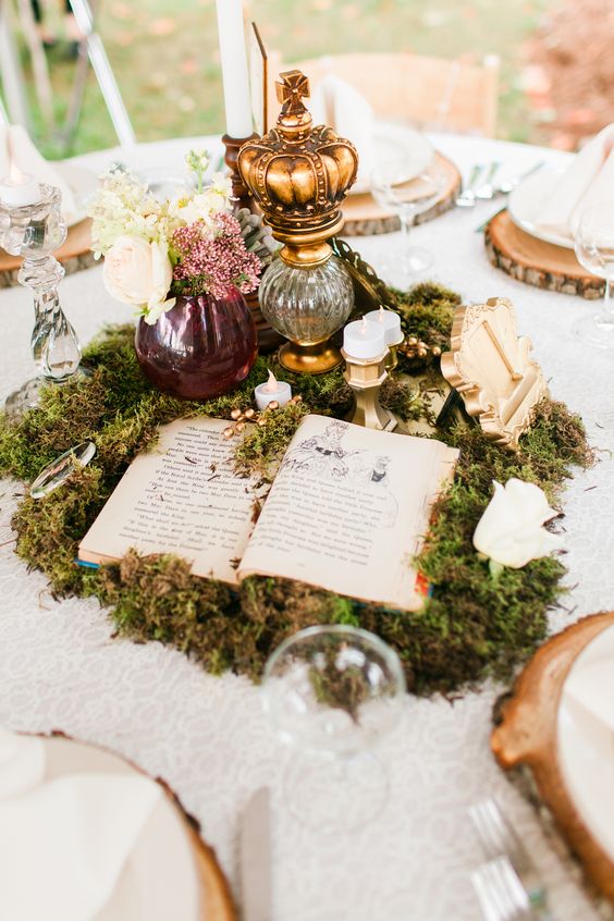 Whimsical Moss and Vintage Book Centerpiece Chelsea Michigan Wedding by Los Angeles Wedding Photographer Loie Photography