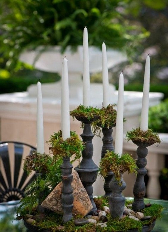 moss and candle wedding centerpiece