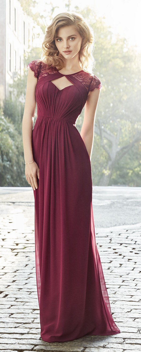 Burgundy Chiffon A-line gown, pleated bodice with V-neckline, natural waist, gathered skirt_cr
