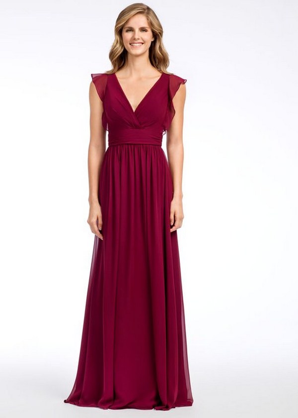 Burgundy chiffon A-line bridesmaid gown, draped V-neckline, ruffle sleeve, natural waist with gathered skirt