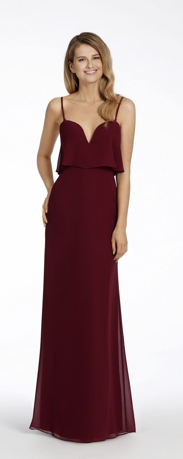 Burgundy chiffon strapless A-line bridesmiad gown, split V-notch neckline with overlay, natural waist_cr
