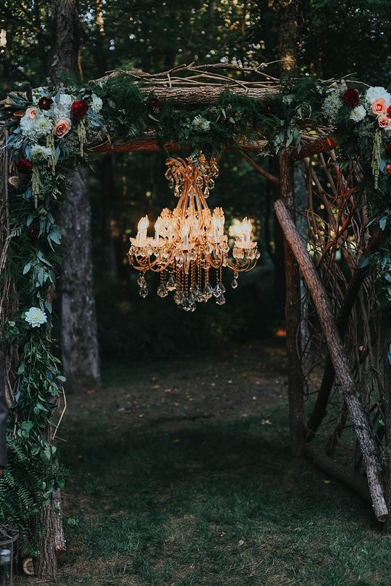 Outdoor Ceremony Wooden Floral Arch Multicoloured Flowers Greenery Chandelier