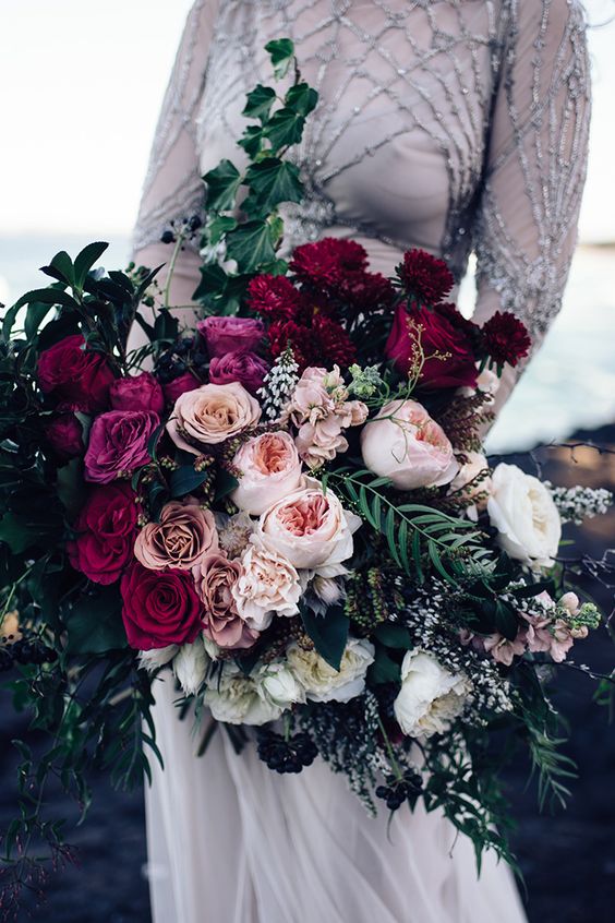 Romantic pink and burgundy rose wedding bouquet