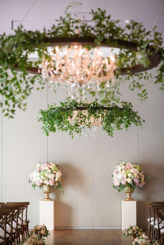 Urban garden wedding and greenery dripping chandelier