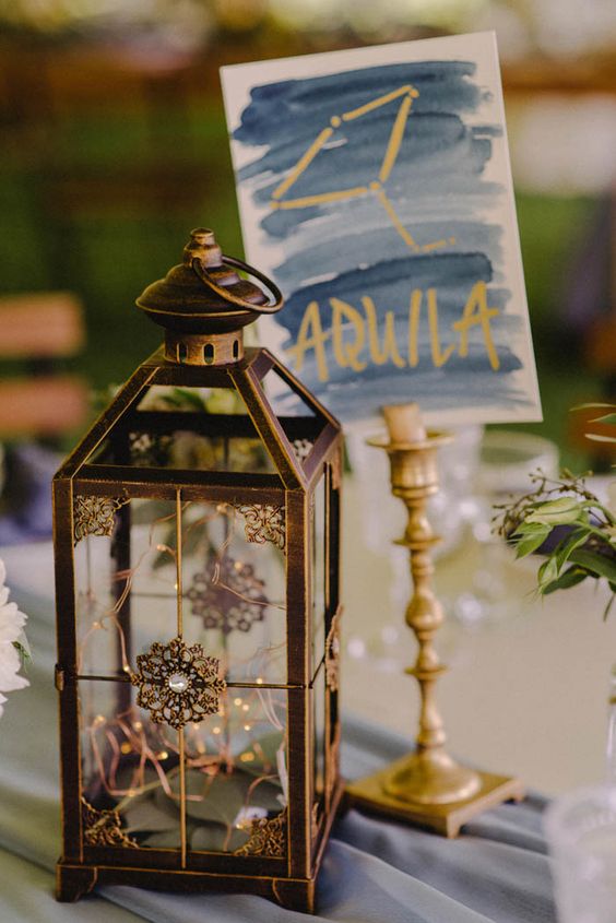 Vintage lantern + wooden candlestick with hand-painted table name