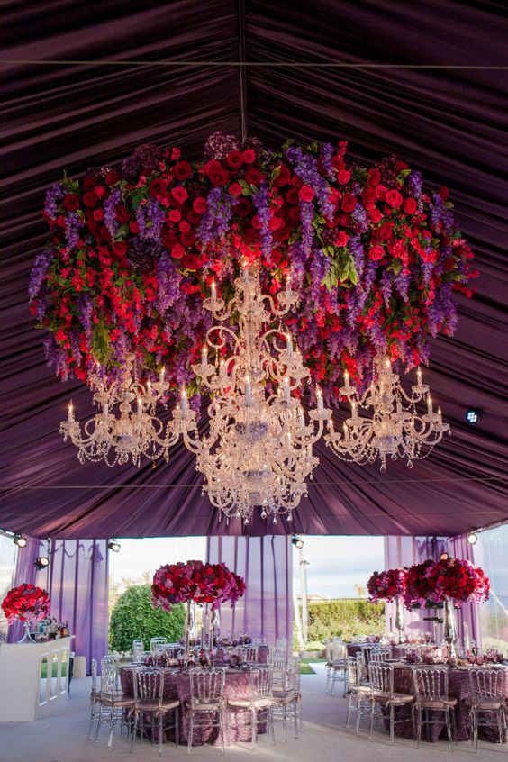 White Lilac Inc Hanging Red and Purple Floral Chandelier