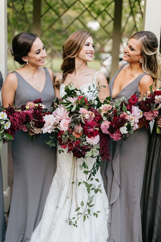 burgundy wedding bouquet with fall flowers and greenery via mill creek gardens
