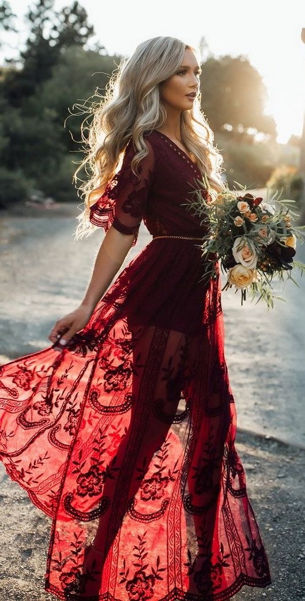 burgundy boho lace bridesmaid dress