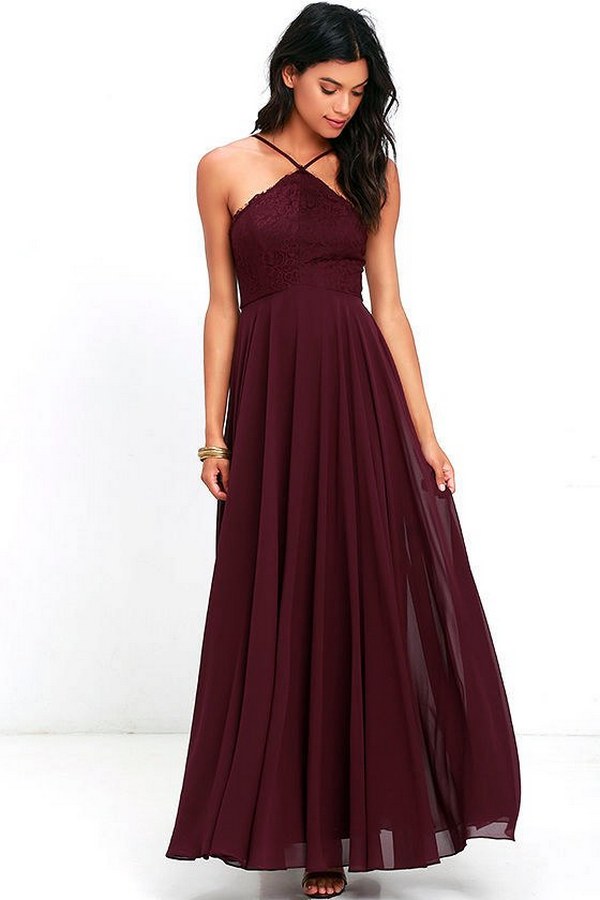 burgundy halter boho bridesmaid dress