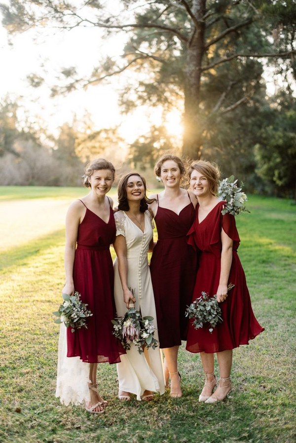 burgundy tea-length bridesmaid dresses